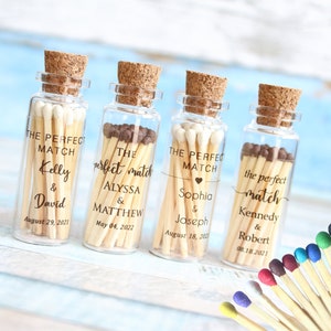 Wedding Matches, The perfect match, Glass Bottle, Custom Label, Wedding Favors for Guests, match bottle with striker, Company Matches