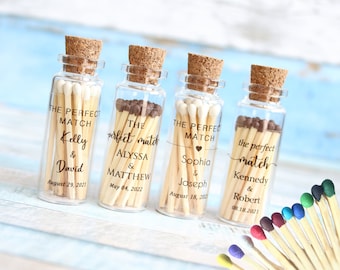 Wedding Matches, The perfect match, Glass Bottle, Custom Label, Wedding Favors for Guests, match bottle with striker, Company Matches