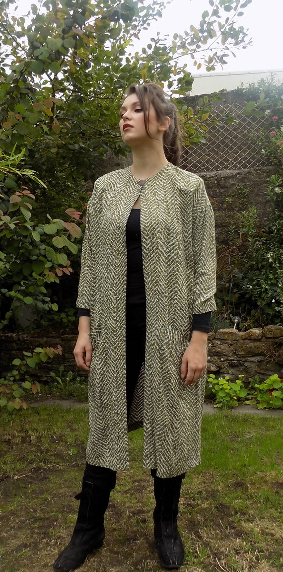 Vintage green cream cotton duster coat