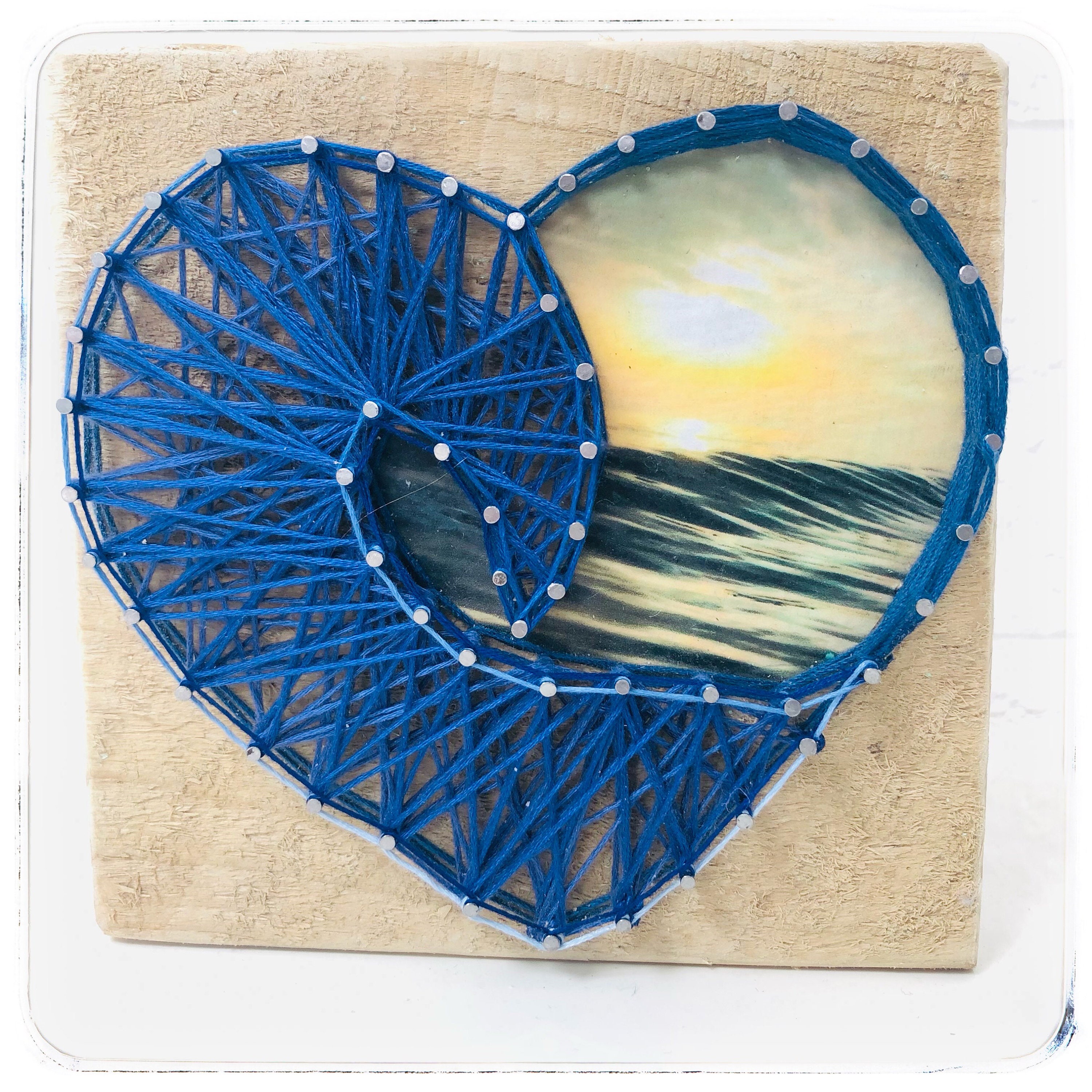 Beach scene string art heart wooden wall hanging reclaimed Etsy
