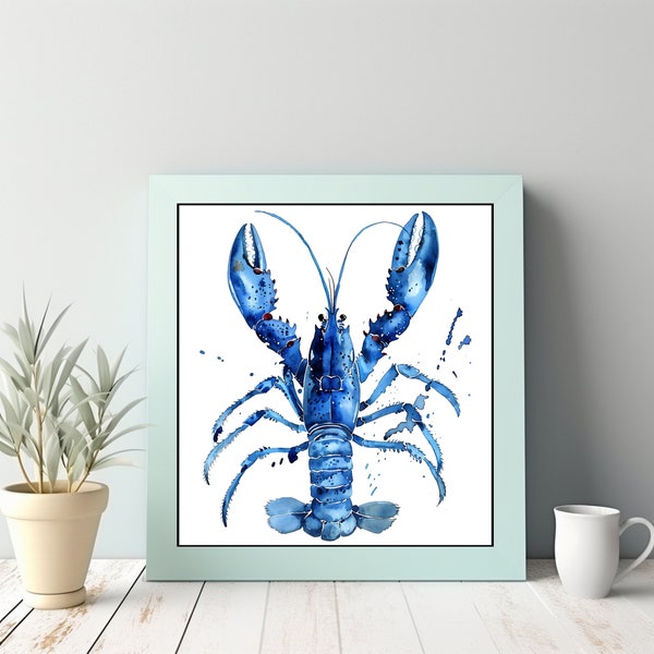 Blue lobster wall art  white background seafood crustacean digital art print instant download png jpeg, white Print digital art
