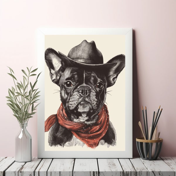 French Bulldog Wall Art, Country Hand Drawing, Instant Download, JPEG & PNG - Dog Wearing Cowboy Hat And Scarf, Digital Mammal Pet Art