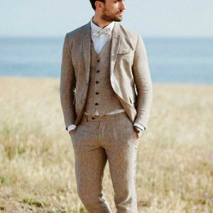 Men's Beige Linen 3 Piece Suit Custom Made Formal Coat With Vest And Pant Wedding Groomsmen Prom Party Cocktail Attire Formal Suits For Him