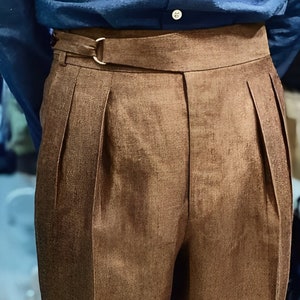 Men Retro High Waist Suit Pants Straight Trousers Buckle Pants Slim office  Pant