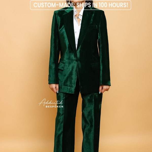 Women Tailor Made Green Velvet 2 Piece Suit Single Breasted Flap Pocket Notch Lapel Blazer With High Waist Pant Business Casual Party Outfit