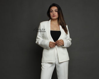 Women Custom Made 2Pc White Cotton Suit Single Breasted Blazer & High Waist Pant Business Formal Office Wear Bridesmaids Guest Dinner Outfit