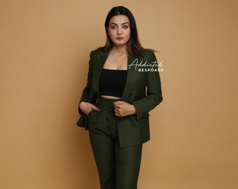 Women Bespoke 2Pc Green Cotton Formal Pant Suit Double Breasted Notch Lapel Blazer & High Waist Buttoned Pants Cocktail Attire Prom Outfit