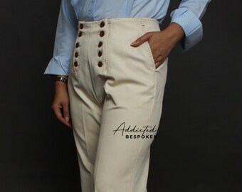 Pantalones de cintura alta de estilo vintage de color marfil hechos a medida para mujer, cierre de botones con detalles de puntada, pantalones informales de negocios, atuendo de cóctel