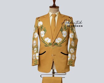 Men Mustard Designer 2PC Suit White Floral Embroidered Blazer With High Waisted Pants Western Wedding Groomsmen Attire Aurora Elegant Outfit