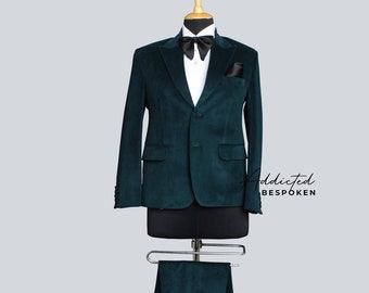 Men's Custom Made Designer 2 Piece Green Velvet Suit Cocktail Attire Single Breasted Peak Lapel Flap Pockets Business Formal Wedding Attire