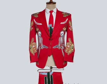 Men Bespoke 2 Piece Red Cotton Pantsuit Skelton & Saloon Outfit Hand Embroidered Western Suit Retro Style Prom Party Hippie Designer Attire