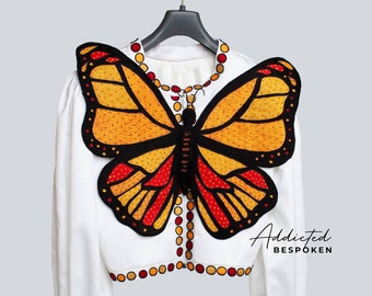 Women's Bespoke Designer White Cotton Shirt Golden Butterfly Embroidered Zip Closure Top Western Style Cocktail Prom Party Wear Gift For Her