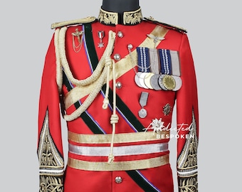 Men's Bespoke Royal Military Style Red Cotton Blazer Napoleonic Uniform Inspired Stand Collar Embroidered Fashion Outfits Theatre Costumes