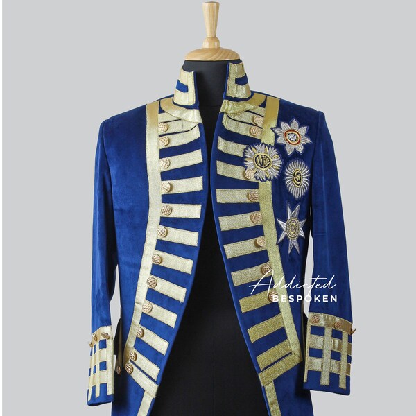 Men's Bespoke Blue Velvet Justaucorps Golden Lace And Thread Embroidered Victorian Theatrical French Court Suit Free Lace Jabot And Cuff Set