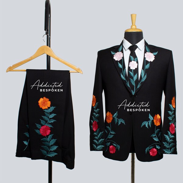 Men Custom Made Black Cotton 2PC Pantsuit Hand Embroidered Western Florida Suit Functional Cuff Blazer With Trousers Wedding Cocktail Attire