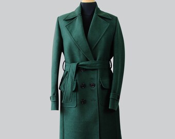 Women Green Designer Wool Overcoat Double Breasted With Detachable Belt Notch Lapel Flap Pocket Made To Measure Business Formal Trench Coats