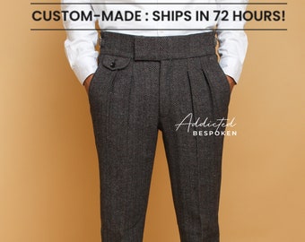 Men Wool Gurkha Pant Herringbone Tailor Made Pleated Dress Pants Side Adjuster Bottom Cuff Coin Pocket Formal Trousers Gift Ideas For Him