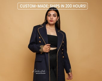 Women Bespoke Blue Cotton Gold Embroidered Long Blazer Premium Detailed Metallic Buttons Wide Notch Lapel Wedding Bridesmaid Cocktail Coat