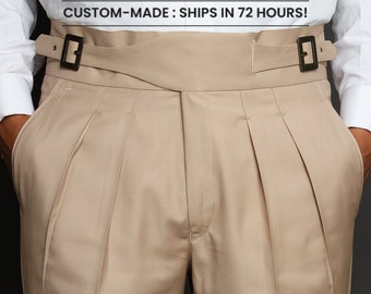 Men Custom Made Beige Cotton Gurkha Dress Pants Double Pleated Buckle Adjuster High Waist Trousers Wedding Formals Business Casual Prom Wear