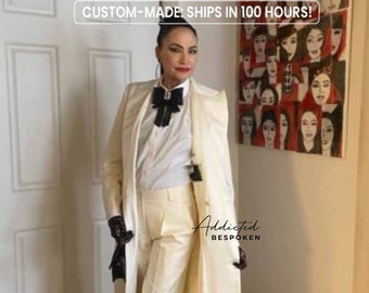 Women's Custom-Made Ivory Cotton 2PC Pantsuit Single Breasted Long Coat with Bootcut Wide Leg Pants Wedding Bridesmaid Western Prom Attire