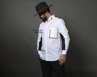 Men's Designer Bi-Colored Cotton Shirt Zipper Patch Pocket With Pin Printed Ribbon Back Embellished Telephone Detachable Collar Pin Apparel