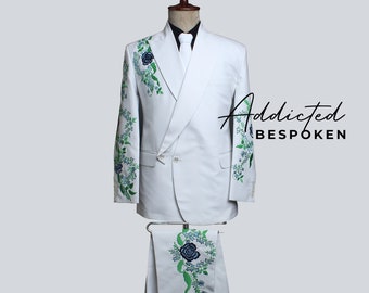 Men's Tailor Made White Cotton 2 Piece Embroidered Suit Azure Mystical Roses Outfit Double Breasted Peak Lapel Blazer With High Waist Pants
