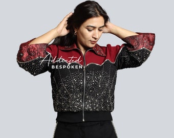 Women Black and Red Satin 2 Piece Designer Suit Embroidered Kimono Sleeve Zip Closure Top With Rhinestone Embellished Pants Cocktail Attire