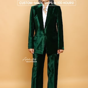 Women Custom Made Green Velvet 2 Piece Suit Single Button Notch Lapel Flap Pocket Blazer With High Waist Trousers Formal Prom Party Outfits