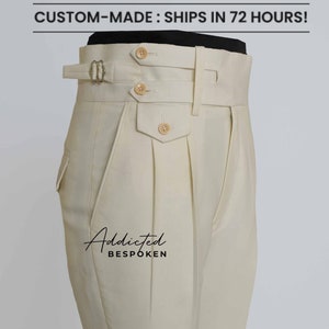 Men's Custom Made Off White Cotton Bespoke Gurkha Pant Double Pleated With Bottom Cuff Business Casual Wedding Formal Men Work Style Trouser