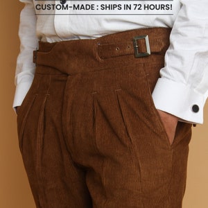Men Custom Made Brown Corduroy Works Pants Buckle Adjuster With Bottom Cuff High Waisted Custom Made Gurkha Trouser Business Casual Wear Set