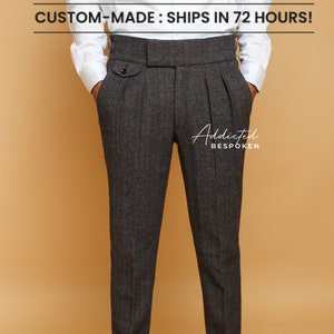 Men Wool Gurkha Pant Herringbone Tailor Made Pleated Dress Pants Side Adjuster Bottom Cuff Coin Pocket Formal Trousers Gift Ideas For Him