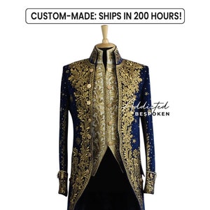 Men's Bespoke Designer Blue 3PC Velvet Suit French Nobleman Attire Golden Embroidered Rococo Wedding Colonial Costume Free Jabots & Cuff Set