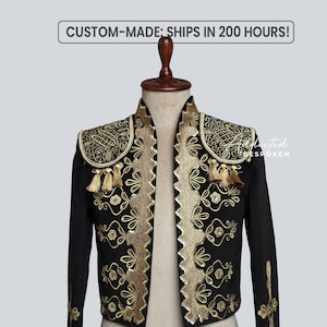 Men Custom Made Black Velvet Matador Jacket Crop Coat Bullfighting Style Spanish Blazer Heavy Embroidered Wedding Groomsmen Cocktail Jacket