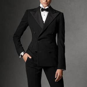 Women Custom Made Black Cotton 2pc Suit Double Breasted Tailored