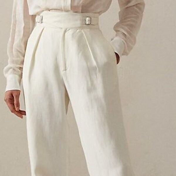 Women Tailor Fit Pleated Gurkha Pants High Waist White Cotton Bottom Cuffed Formal Office Vintage Military Inspired Trousers Prom Party Wear