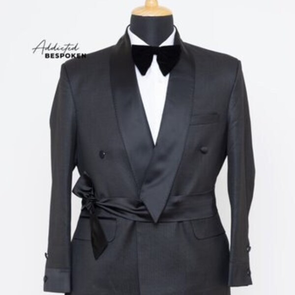 Men Designer Black Cotton Tuxedo Blazer Suit With Stylish Waist Belt Double Breasted Shawl Lapel Flap Pocket Jacket And Pant Set Formal Wear
