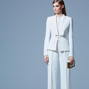 Women Tailor Made Cotton White 2 Piece Tuxedo Suit Single Breasted Coat Pant Office Outfits Prom Wear Wedding Bridesmaid Attire Gift For Her