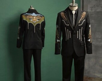 Men Black Custom Made 2PC Country Western Suit Eagle Embroidered Blazer with High Waisted Pants Western Wedding Groomsmen Attire Prom Outfit