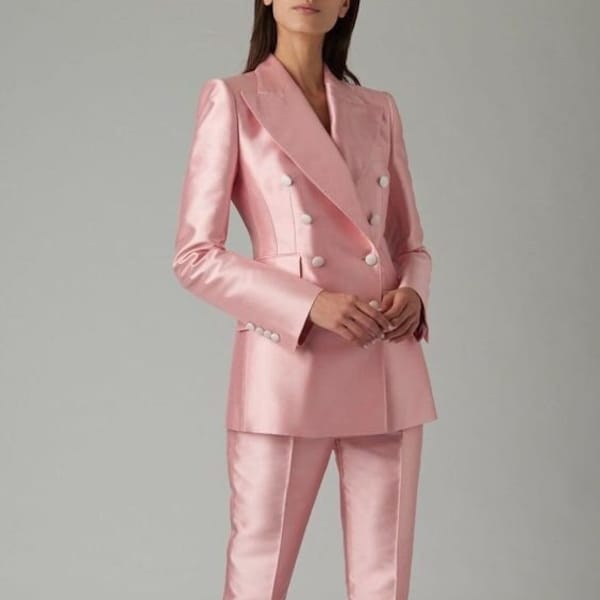 Women Custom Made 2 Piece Suit Designer Pink Satin Coat Pant Set Double Breasted Office Wear Wedding Bridesmaid Cocktail Attire Gift For Her