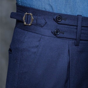 Men Tailor Made Blue Cotton Gurkha Pant Button Closure With Loop And Side Adjuster Bottom Cuff Formal Pants Business Casual Cocktail Trouser