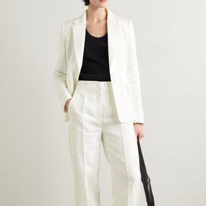 Bespoke Women 2 Piece White Cotton Pantsuit Single Breasted Notch Lapel Functional Cuff Blazer High Waist Pants Office Wear Business Formals