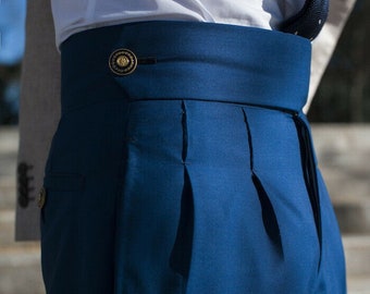 Men Tailor Made Blue Cotton Gorkha Trousers Button Closure With Bottom Cuff Double Pleated Pant Business Formals Casual Style Gurkha Trouser