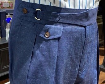 Men Custom Made Blue Linen Gurkha Pants D-Buckled With Coin Pocket With Button Closure Business Formal Cocktail Attire Pleated Work Trousers