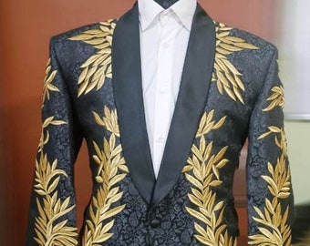 Men Custom Made Designer Black Tuxedo Suit Golden Embroidered Blazer Shawl Lapel Wedding Groomsmen Cocktail Prom Party Men Suit Attire