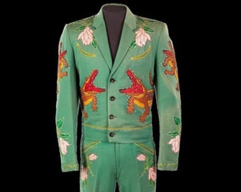 Men Custom Made 2 Piece Wedding Western Suit Green Cotton Crocodile Embroidery Notch Lapel Blazer High Waist Pants Prom Attire Groom Outfits