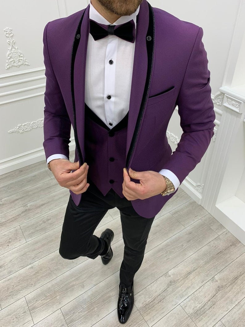 Men Bespoke Wedding Designer 3pc Purple Cotton Suit Coat Pant | Etsy