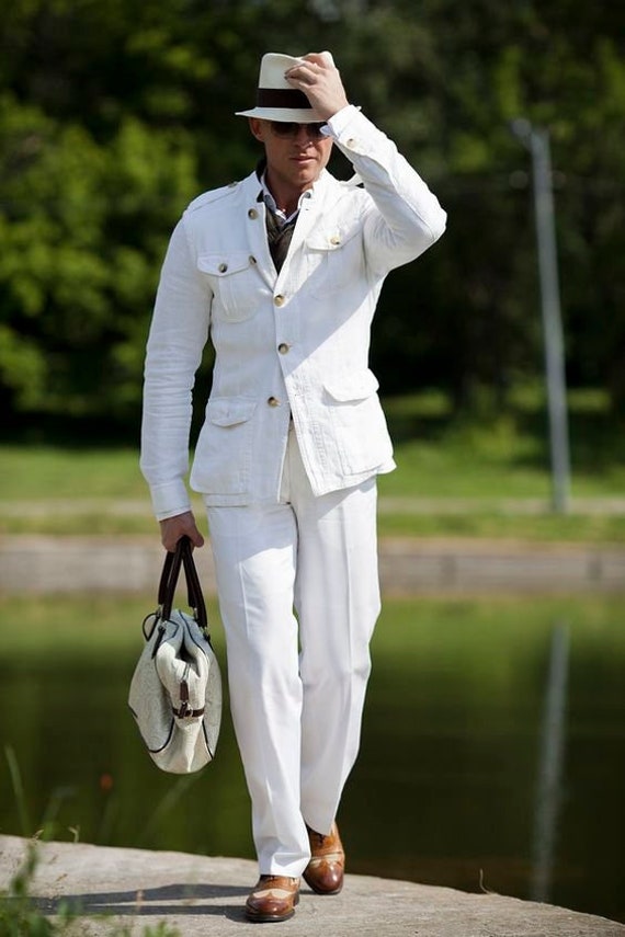 Men White Cotton 2 Pc Safari Jacket 