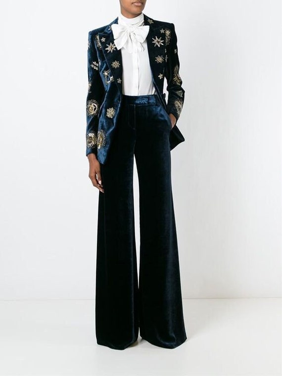 Women Suit Set Designer Custom Made Blue Velvet Pant Suit Gold | Etsy