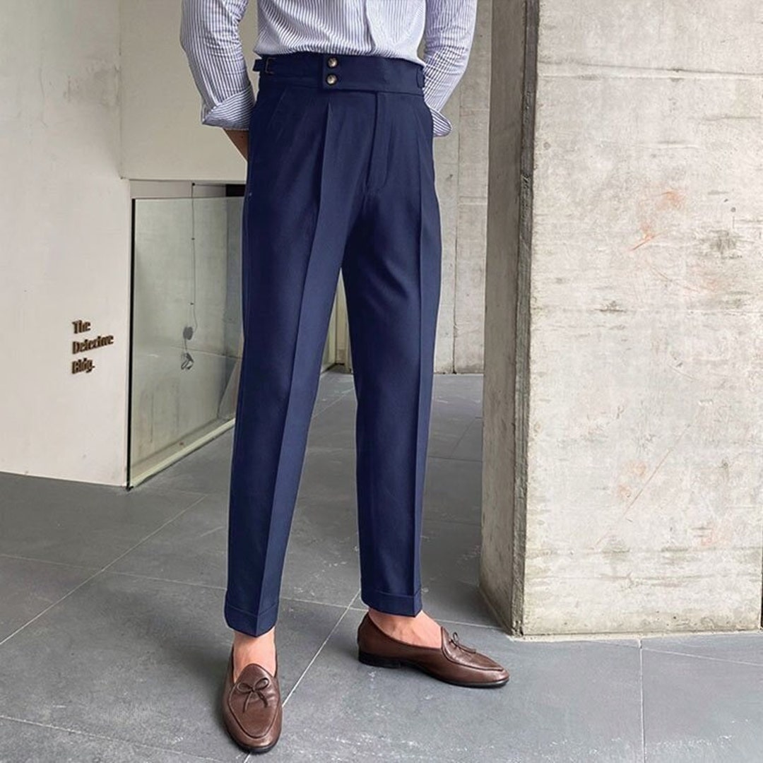 Men Custom Made Blue Cotton Gurkha Trouser Double Pleats Bottom Cuff Single  Pleated Buckle Fastenings Business Casual Tapered Fit Pants -  Canada