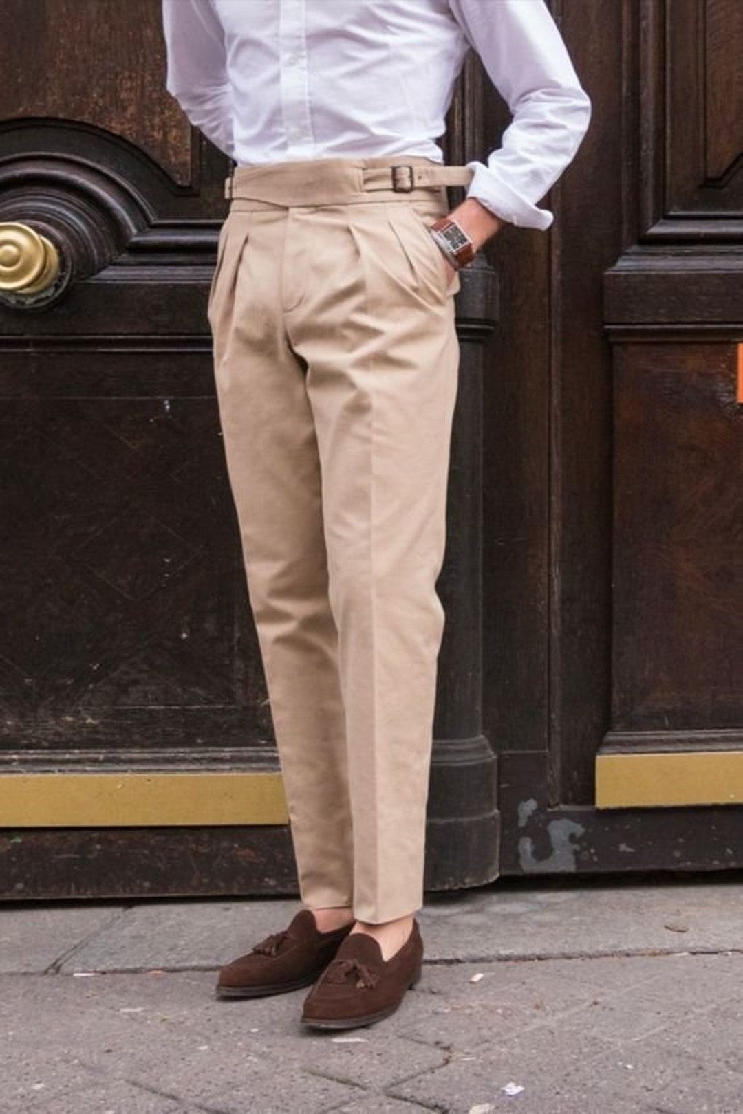 Men Custom Made Beige Cotton Gurkha Dress Pants Double Pleated